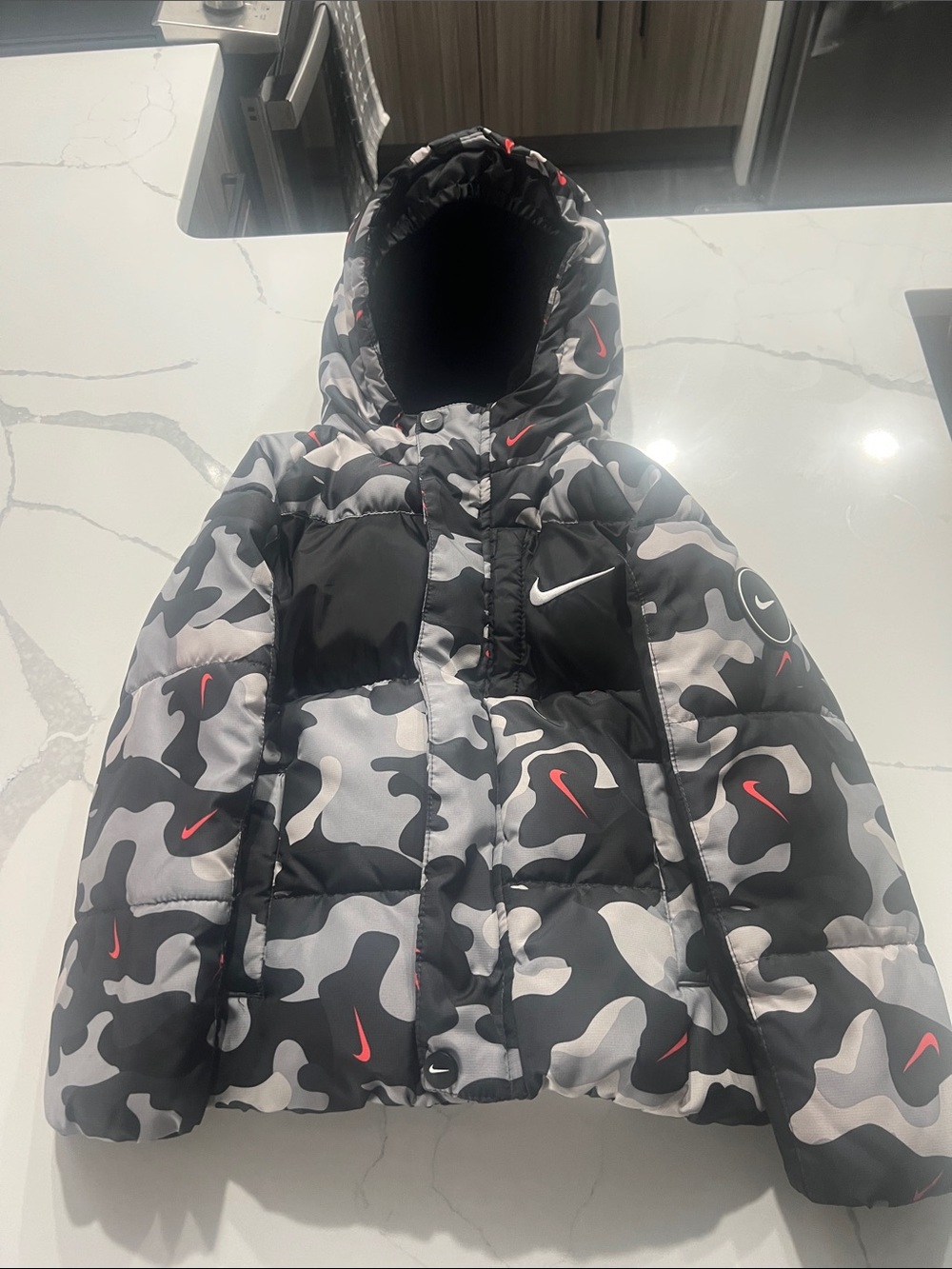 Nike Kids Black & Gray Camo Puffer Jacket with Red Swoosh